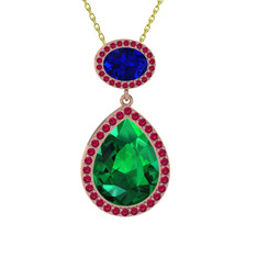 Lupine Kolye - Yeşil kuvars, lab safir ve rodolit garnet 14 ayar rose altın kolye (40 cm altın rolo zincir) #1kovph5