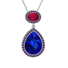 Lab safir, rodolit garnet ve ametist 925 ayar gümüş kolye (40 cm beyaz altın rolo zincir)