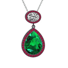 Yeşil kuvars, beyaz zirkon ve rodolit garnet 925 ayar siyah rodyum kaplama gümüş kolye (40 cm gümüş rolo zincir)