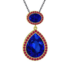 Lab safir ve rodolit garnet 925 ayar altın kaplama gümüş kolye (40 cm gümüş rolo zincir)