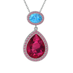 Lupine Kolye - Rodolit garnet, akuamarin ve pembe kuvars 18 ayar beyaz altın kolye (40 cm beyaz altın rolo zincir) #1ku68ht