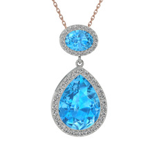 Akuamarin ve beyaz zirkon 14 ayar beyaz altın kolye (40 cm rose altın rolo zincir)