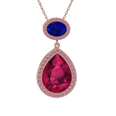 Rodolit garnet, lab safir ve pembe kuvars 8 ayar rose altın kolye (40 cm gümüş rolo zincir)
