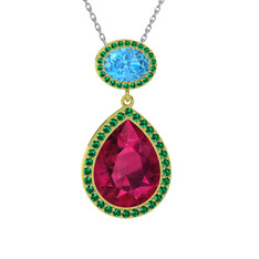 Rodolit garnet, akuamarin ve yeşil kuvars 18 ayar altın kolye (40 cm beyaz altın rolo zincir)