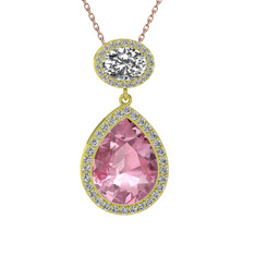 Pembe kuvars ve beyaz zirkon 14 ayar altın kolye (40 cm rose altın rolo zincir)