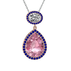 Pembe kuvars, beyaz zirkon ve lab safir 925 ayar rose altın kaplama gümüş kolye (40 cm beyaz altın rolo zincir)