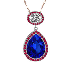 Lab safir, beyaz zirkon ve rodolit garnet 14 ayar beyaz altın kolye (40 cm rose altın rolo zincir)