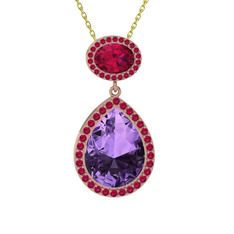 Ametist ve rodolit garnet 925 ayar rose altın kaplama gümüş kolye (40 cm altın rolo zincir)