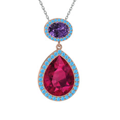 Rodolit garnet, ametist ve akuamarin 18 ayar rose altın kolye (40 cm gümüş rolo zincir)