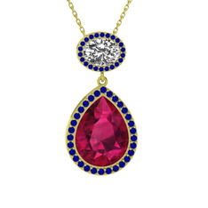 Lupine Kolye - Rodolit garnet, beyaz zirkon ve lab safir 18 ayar altın kolye (40 cm altın rolo zincir) #1nfrbuo