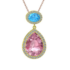 Lupine Kolye - Pembe kuvars, akuamarin ve beyaz zirkon 18 ayar altın kolye (40 cm rose altın rolo zincir) #1ntmefu