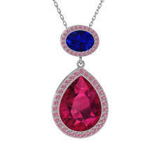 Rodolit garnet, lab safir ve pembe kuvars 18 ayar beyaz altın kolye (40 cm beyaz altın rolo zincir)