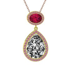Lupine Kolye - Beyaz zirkon, rodolit garnet ve pembe kuvars 18 ayar altın kolye (40 cm rose altın rolo zincir) #1p29sti