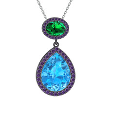 Lupine Kolye - Akuamarin, yeşil kuvars ve ametist 925 ayar siyah rodyum kaplama gümüş kolye (40 cm gümüş rolo zincir) #1p5oklu
