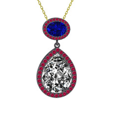 Beyaz zirkon, lab safir ve rodolit garnet 925 ayar siyah rodyum kaplama gümüş kolye (40 cm altın rolo zincir)
