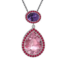 Pembe kuvars, ametist ve rodolit garnet 8 ayar beyaz altın kolye (40 cm gümüş rolo zincir)