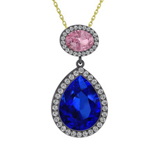 Lupine Kolye - Lab safir, pembe kuvars ve beyaz zirkon 925 ayar siyah rodyum kaplama gümüş kolye (40 cm altın rolo zincir) #1qx4pja
