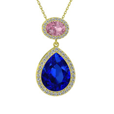 Lab safir, pembe kuvars ve beyaz zirkon 18 ayar altın kolye (40 cm altın rolo zincir)