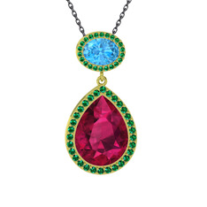 Rodolit garnet, akuamarin ve yeşil kuvars 14 ayar altın kolye (40 cm gümüş rolo zincir)