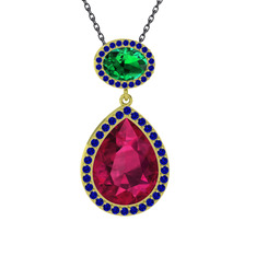 Rodolit garnet, yeşil kuvars ve lab safir 14 ayar altın kolye (40 cm gümüş rolo zincir)