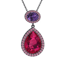 Lupine Kolye - Rodolit garnet, ametist ve pembe kuvars 925 ayar siyah rodyum kaplama gümüş kolye (40 cm gümüş rolo zincir) #1s1946g