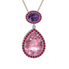 Lupine Kolye - Pembe kuvars, ametist ve rodolit garnet 8 ayar beyaz altın kolye (40 cm rose altın rolo zincir) #1s6jvdi