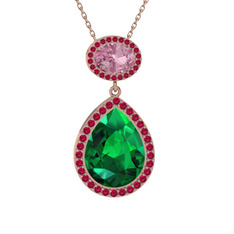 Lupine Kolye - Yeşil kuvars, pembe kuvars ve rodolit garnet 14 ayar rose altın kolye (40 cm rose altın rolo zincir) #1sfdbyf