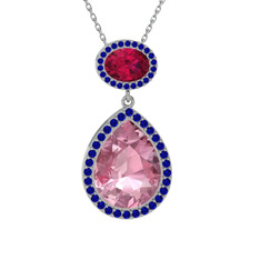 Lupine Kolye - Pembe kuvars, rodolit garnet ve lab safir 8 ayar beyaz altın kolye (40 cm gümüş rolo zincir) #1sl0unh