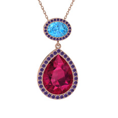 Rodolit garnet, akuamarin ve ametist 14 ayar rose altın kolye (40 cm rose altın rolo zincir)