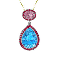 Akuamarin, pembe kuvars ve rodolit garnet 8 ayar beyaz altın kolye (40 cm altın rolo zincir)