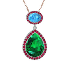 Yeşil kuvars, akuamarin ve rodolit garnet 14 ayar beyaz altın kolye (40 cm rose altın rolo zincir)