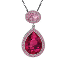 Rodolit garnet ve pembe kuvars 8 ayar beyaz altın kolye (40 cm gümüş rolo zincir)