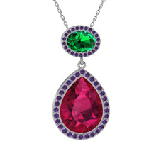 Lupine Kolye - Rodolit garnet, yeşil kuvars ve ametist 8 ayar beyaz altın kolye (40 cm beyaz altın rolo zincir) #1u6njtn