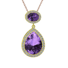 Ametist ve beyaz zirkon 14 ayar altın kolye (40 cm rose altın rolo zincir)