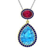 Akuamarin, rodolit garnet ve lab safir 14 ayar altın kolye (40 cm gümüş rolo zincir)