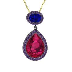 Rodolit garnet, lab safir ve ametist 925 ayar siyah rodyum kaplama gümüş kolye (40 cm gümüş rolo zincir)