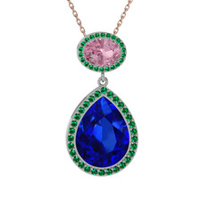 Lab safir, pembe kuvars ve yeşil kuvars 14 ayar beyaz altın kolye (40 cm rose altın rolo zincir)