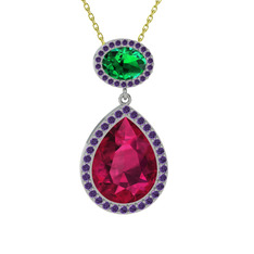 Rodolit garnet, yeşil kuvars ve ametist 14 ayar beyaz altın kolye (40 cm altın rolo zincir)