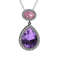 Lupine Kolye - Ametist, pembe kuvars ve beyaz zirkon 925 ayar siyah rodyum kaplama gümüş kolye (40 cm beyaz altın rolo zincir) #1vnwnyp