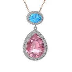 Pembe kuvars, akuamarin ve beyaz zirkon 14 ayar beyaz altın kolye (40 cm rose altın rolo zincir)