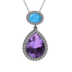 Ametist, akuamarin ve beyaz zirkon 925 ayar siyah rodyum kaplama gümüş kolye (40 cm beyaz altın rolo zincir)