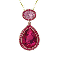 Rodolit garnet ve pembe kuvars 925 ayar rose altın kaplama gümüş kolye (40 cm altın rolo zincir)