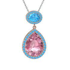 Pembe kuvars ve akuamarin 14 ayar rose altın kolye (40 cm beyaz altın rolo zincir)