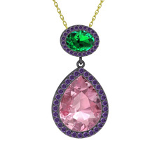 Lupine Kolye - Pembe kuvars, yeşil kuvars ve ametist 925 ayar siyah rodyum kaplama gümüş kolye (40 cm altın rolo zincir) #1wq8zvv