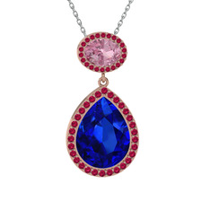 Lab safir, pembe kuvars ve rodolit garnet 8 ayar rose altın kolye (40 cm beyaz altın rolo zincir)