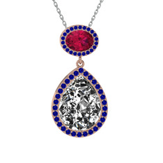 Beyaz zirkon, rodolit garnet ve lab safir 925 ayar rose altın kaplama gümüş kolye (40 cm beyaz altın rolo zincir)