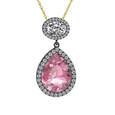 Lupine Kolye - Pembe kuvars ve beyaz zirkon 925 ayar siyah rodyum kaplama gümüş kolye (40 cm altın rolo zincir) #1x76q6u