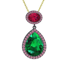 Lupine Kolye - Yeşil kuvars, rodolit garnet ve pembe kuvars 925 ayar siyah rodyum kaplama gümüş kolye (40 cm gümüş rolo zincir) #1xklmvf