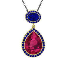 Rodolit garnet ve lab safir 14 ayar altın kolye (40 cm gümüş rolo zincir)