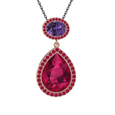Rodolit garnet ve ametist 925 ayar rose altın kaplama gümüş kolye (40 cm gümüş rolo zincir)